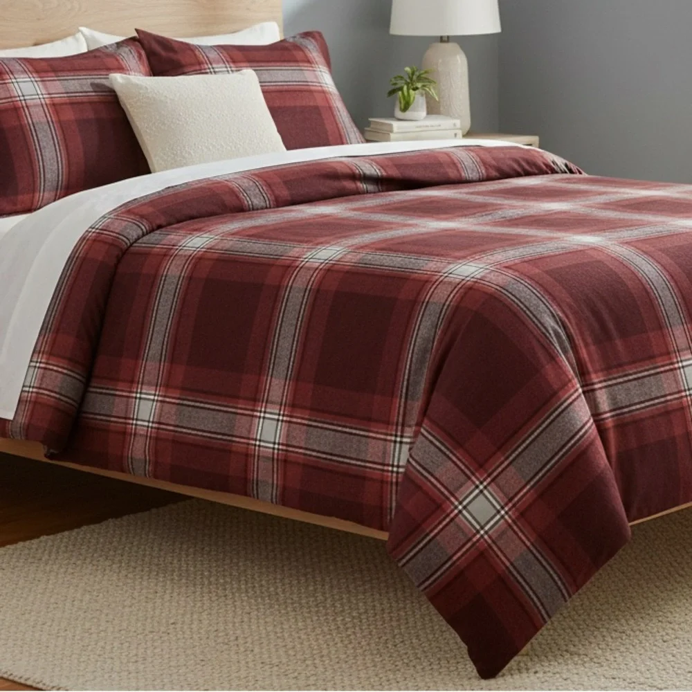 Pottery Barn‎ Dorm PB Trevor Plaid Organic Duvet Cover Twin Red New